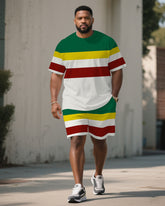 Men's Plus Size June Day Classic Teeth Buy Striped Short Sleeve T-Shirt Shorts Suit